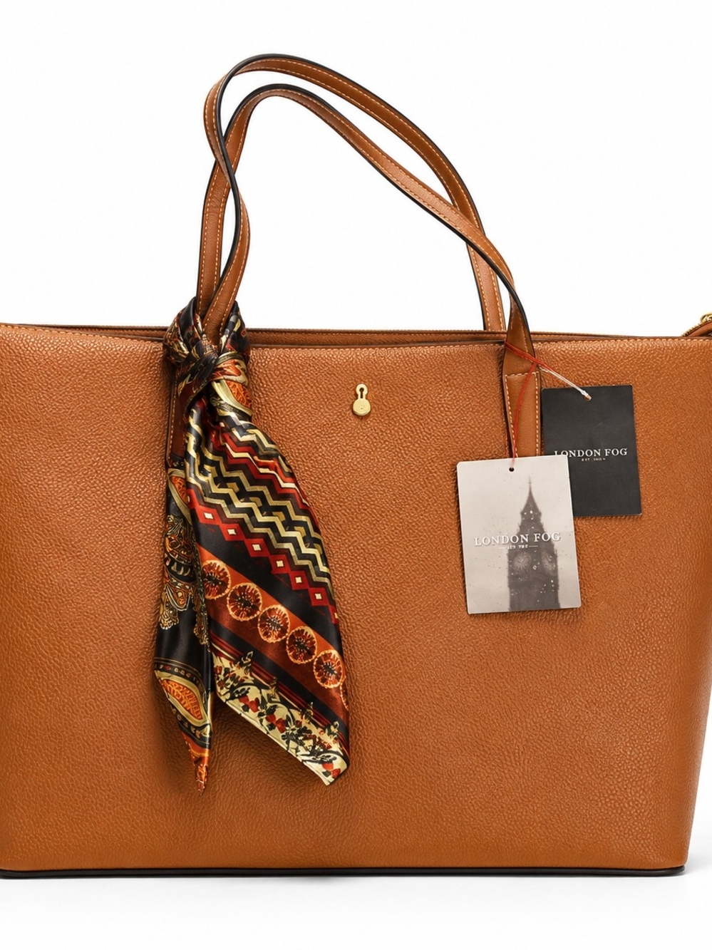 NWT London Fog Cognac Pebbled Leather Tote Bag w/ Matching Scarf | Large Zip Sho